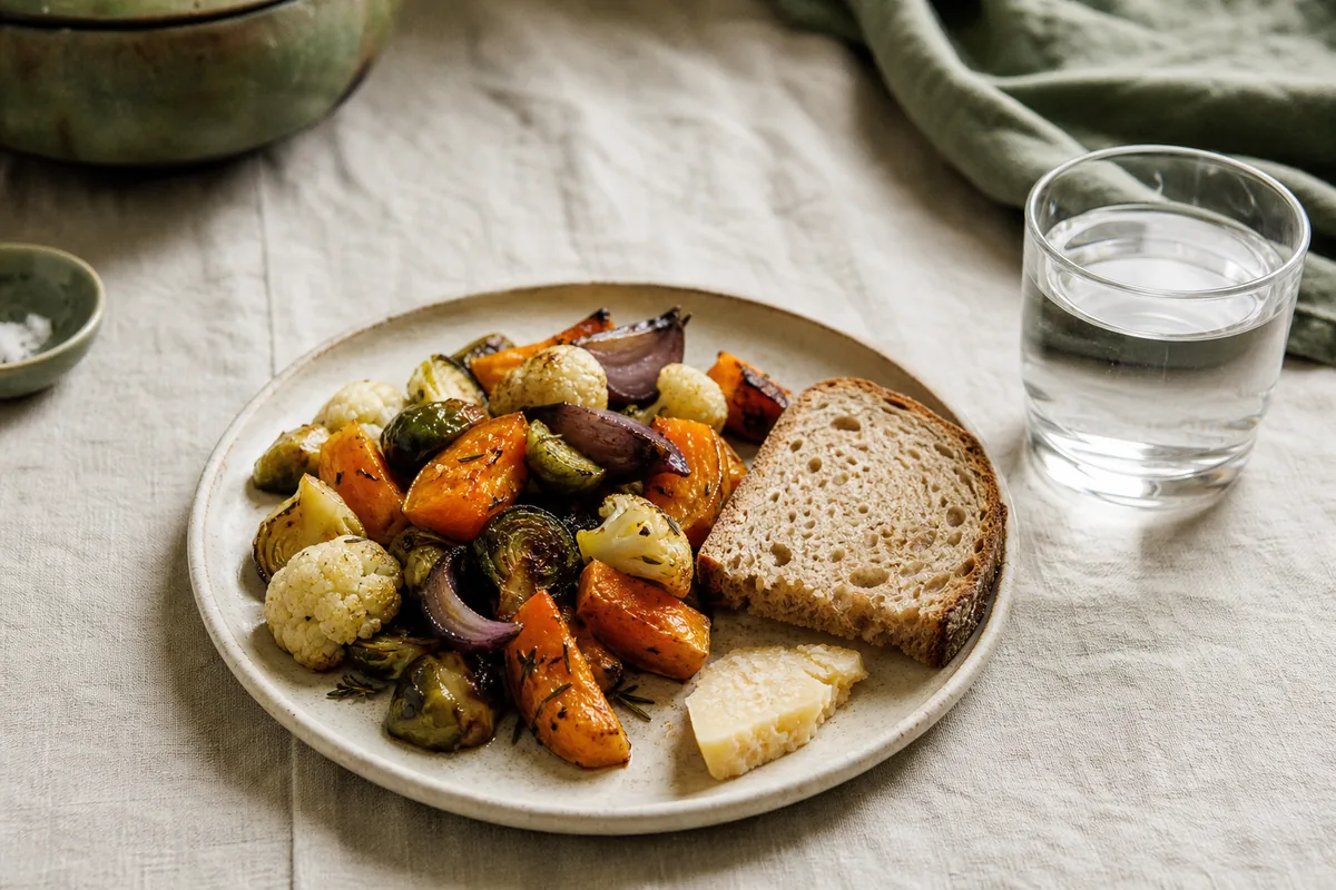 Assiette de légumes de saison, pain complet et fromage sur une nappe de lin, éclairée par la lumière d’une fenêtre