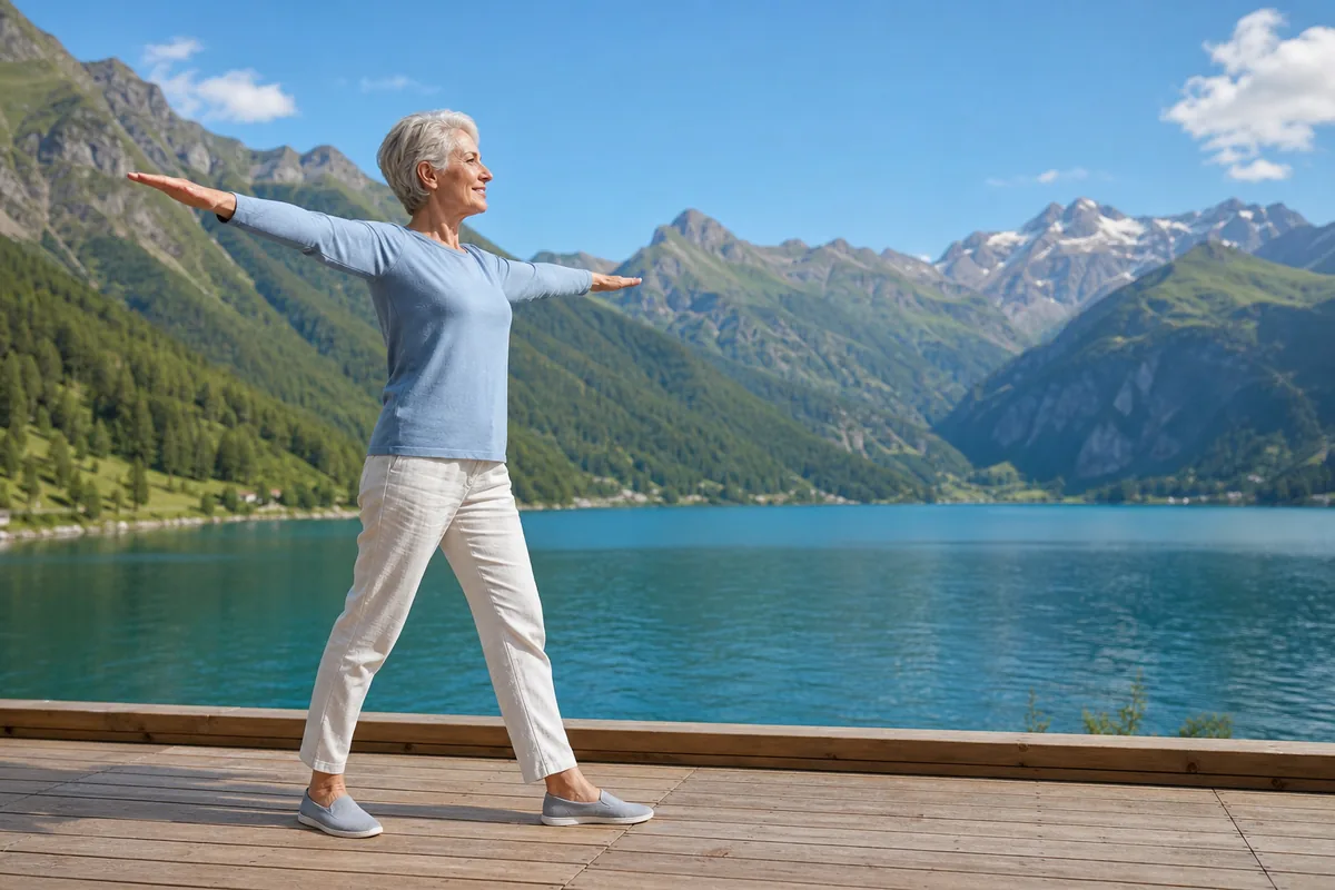 Femme âgée en équilibre, bras écartés, sur une terrasse de bois face à un lac de montagne