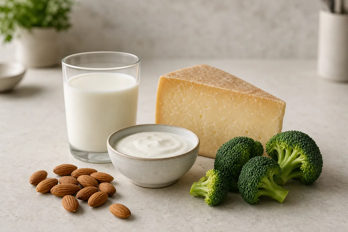 Verre de lait, part de fromage à pâte dure, bol de yaourt, amandes et bouquets de brocoli sur un plan de travail clair