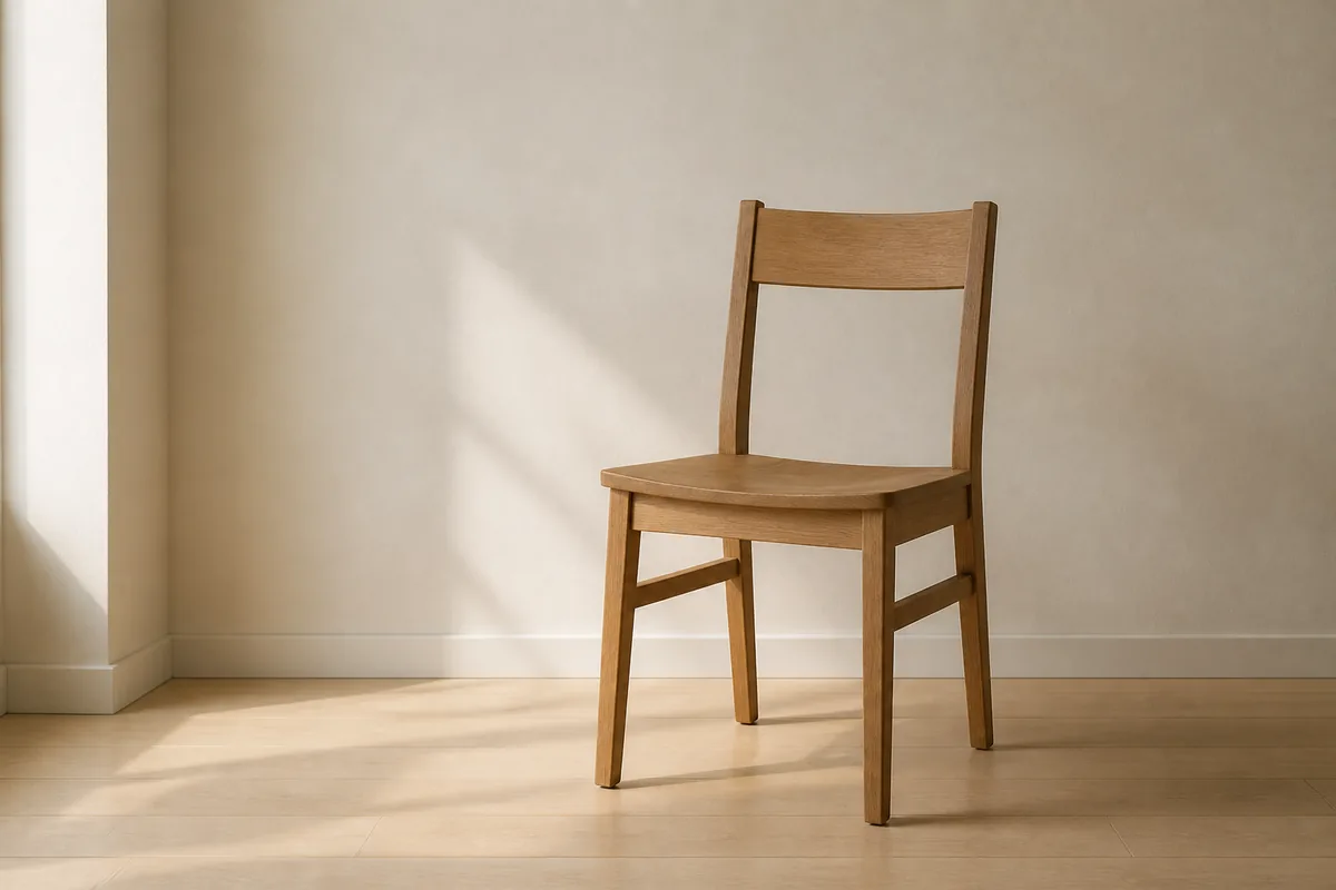 Chaise en bois robuste posée seule contre un mur crème, sur un parquet clair, dans une lumière douce