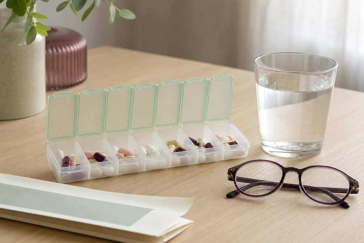 Semainier à médicaments ouvert sur une table en bois clair, à côté d’un verre d’eau et d’une paire de lunettes