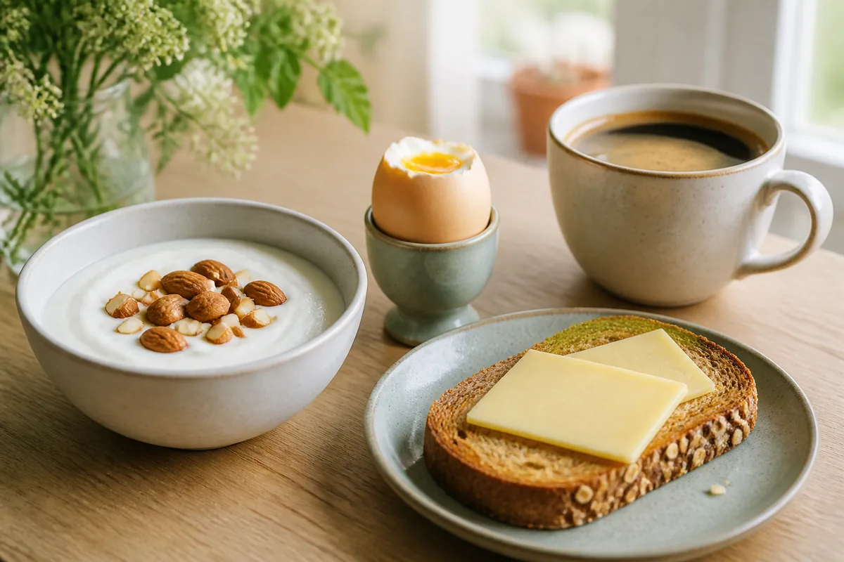 Petit-déjeuner avec un bol de yaourt aux amandes, un œuf à la coque, du pain complet au fromage et une tasse de café