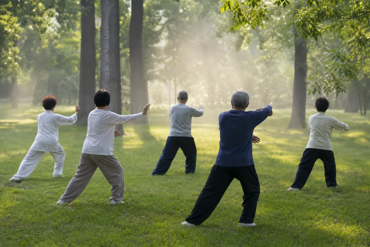 Petit groupe de personnes âgées pratiquant des mouvements lents de tai-chi dans un parc, à la lumière du matin