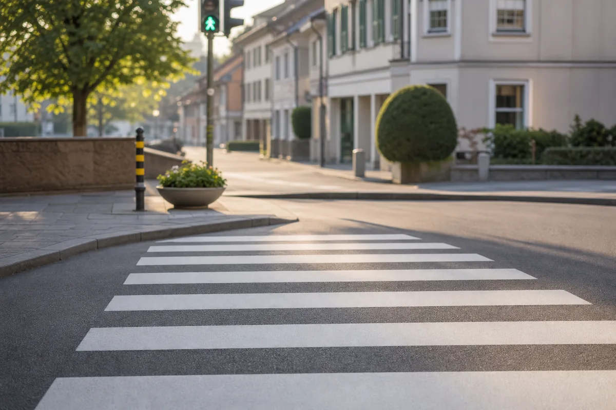 Passage piéton aux bandes blanches sur une rue calme de petite ville, dans la lumière douce du matin