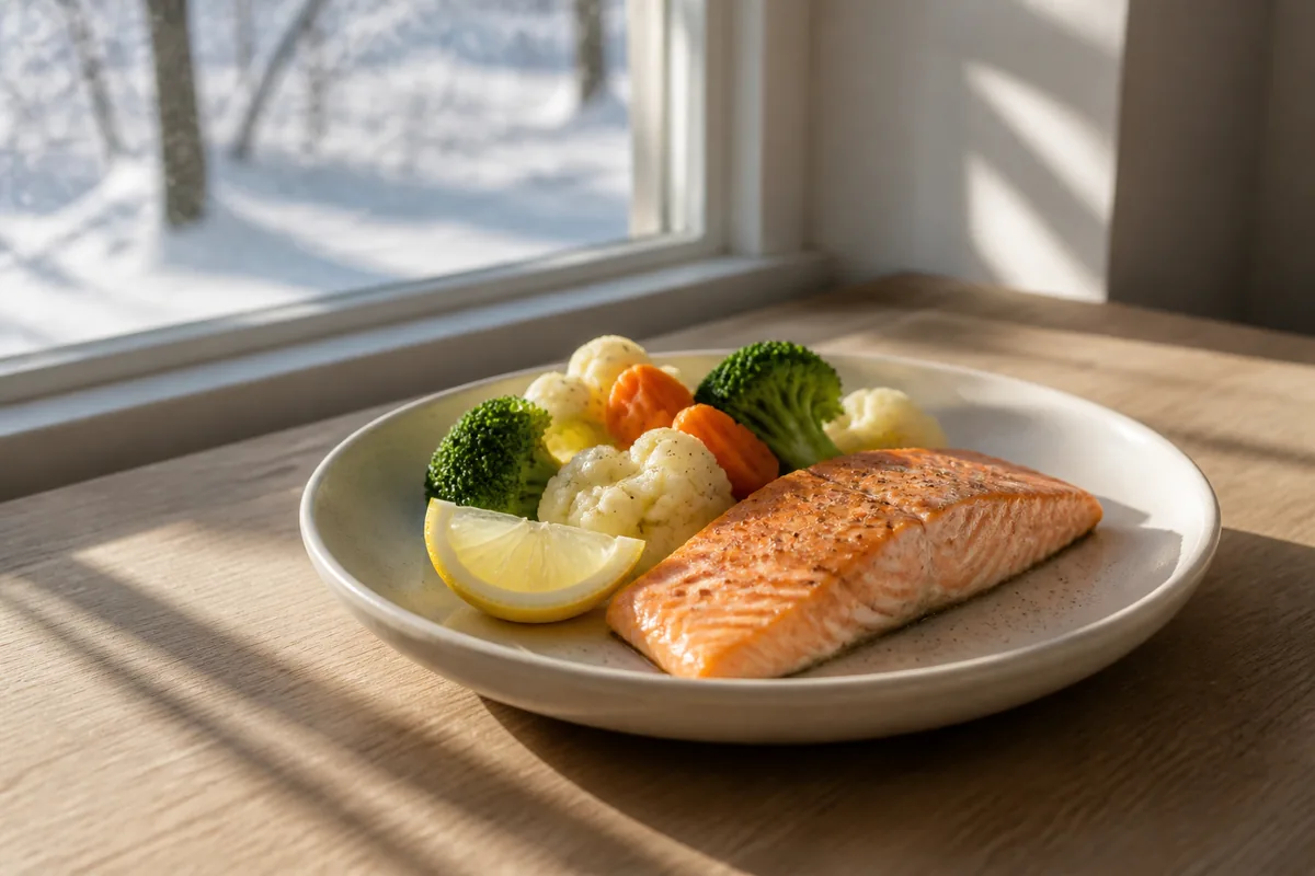 Lumière d’hiver traversant une fenêtre et éclairant une assiette de poisson gras et de légumes