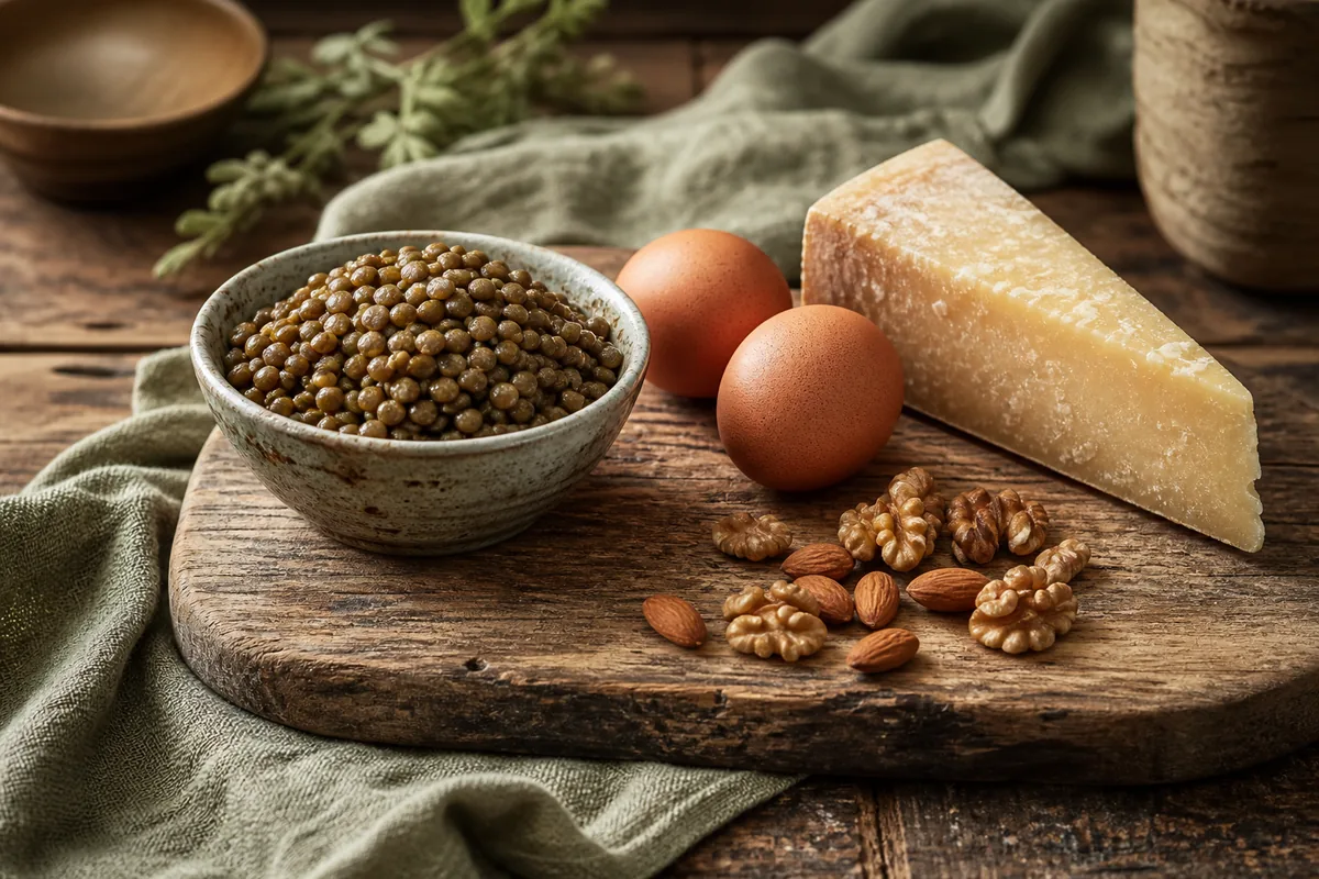 Planche de bois avec des œufs, un bol de lentilles, du fromage et des noix, dans une lumière douce de cuisine