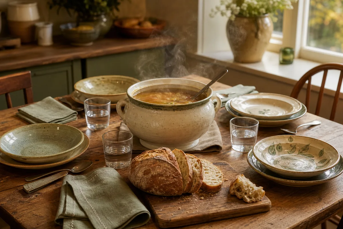 Table dressée pour plusieurs convives avec une soupière fumante et du pain, dans une cuisine chaleureuse